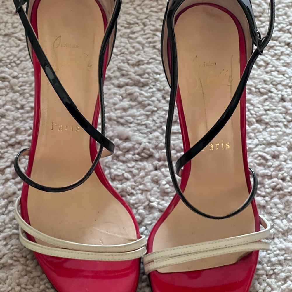 Christian Louboutin Pink, Black and Cream Strappy Patent Sandals